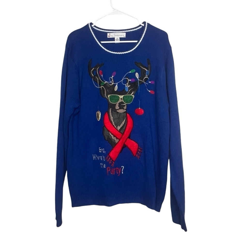 Jolly Sweaters Christmas Sweater Reindeer Blue Where’s The Party Bro Size Large